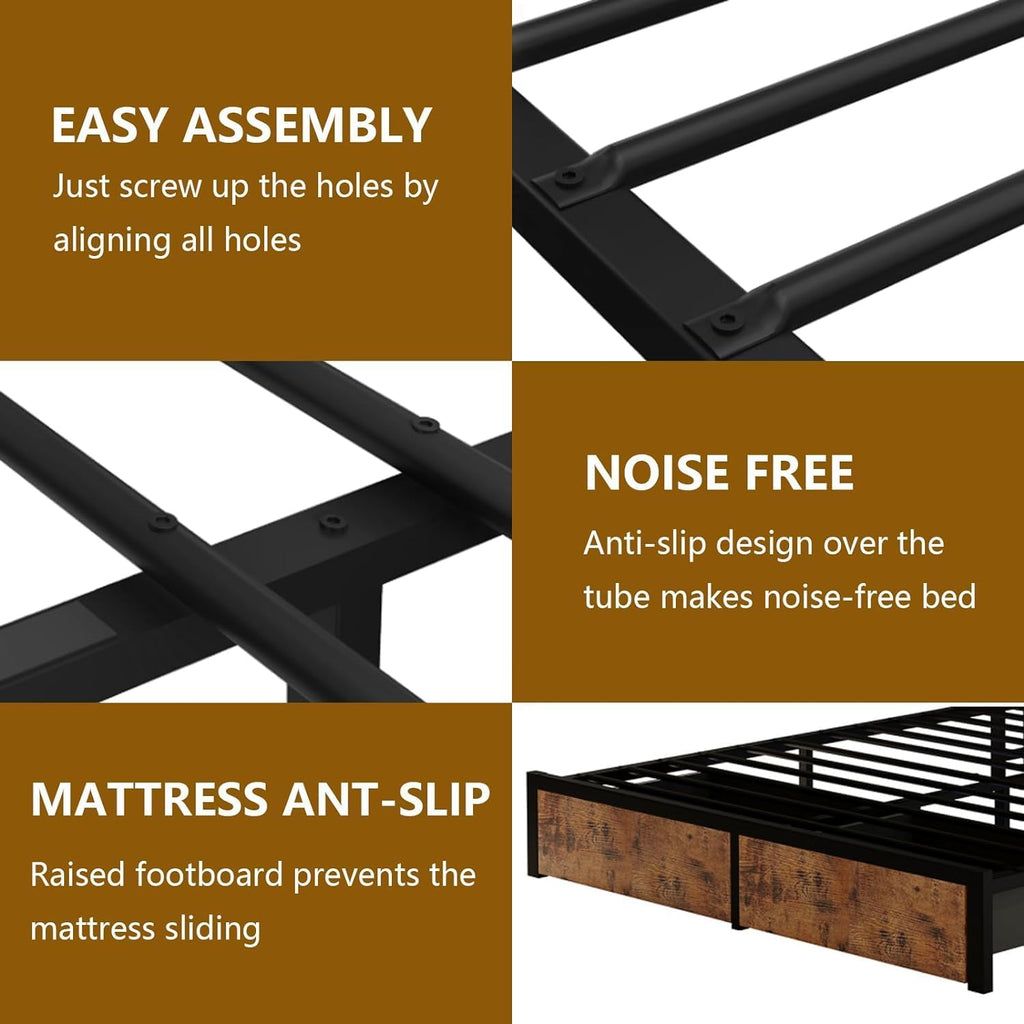 Farmhouse Full Bed Frame with Bookcase Headboard and Storage Drawers, LED Lights and Charging Station, No Box Spring Needed, Noise Free, Rustic Brown