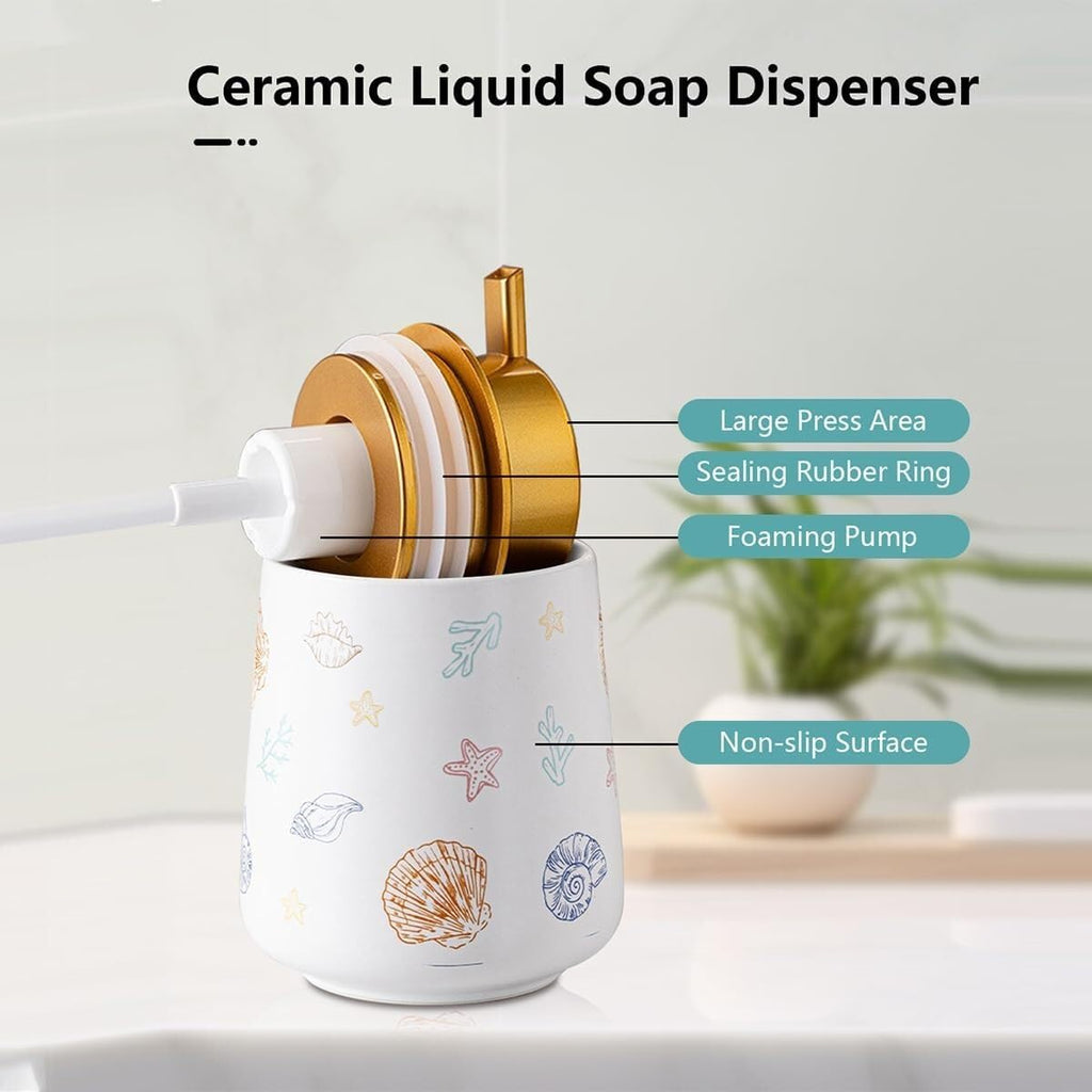Bathroom Accessories Set Ceramic Bathroom Accessory Set Plant Patterns Accessories with Soap Dispenser Dish Tumbler for Home Decor Victorian(3 Piece Set-Ocean)