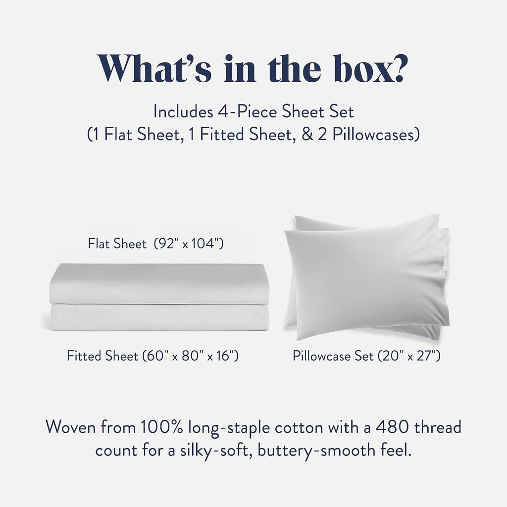 Brooklinen Luxury Sateen 4 Piece Sheet Set - 100% Cotton Bed Sheets, Soft & Durable Queen Size Sheets Set in White, Oeko-TEX Certified Bedding Set, 1 Fitted Sheet, 1 Flat Sheet, 2 Pillowcases