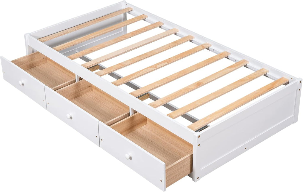 Merax Twin Size Platform Storage Bed with 3 Drawers,White