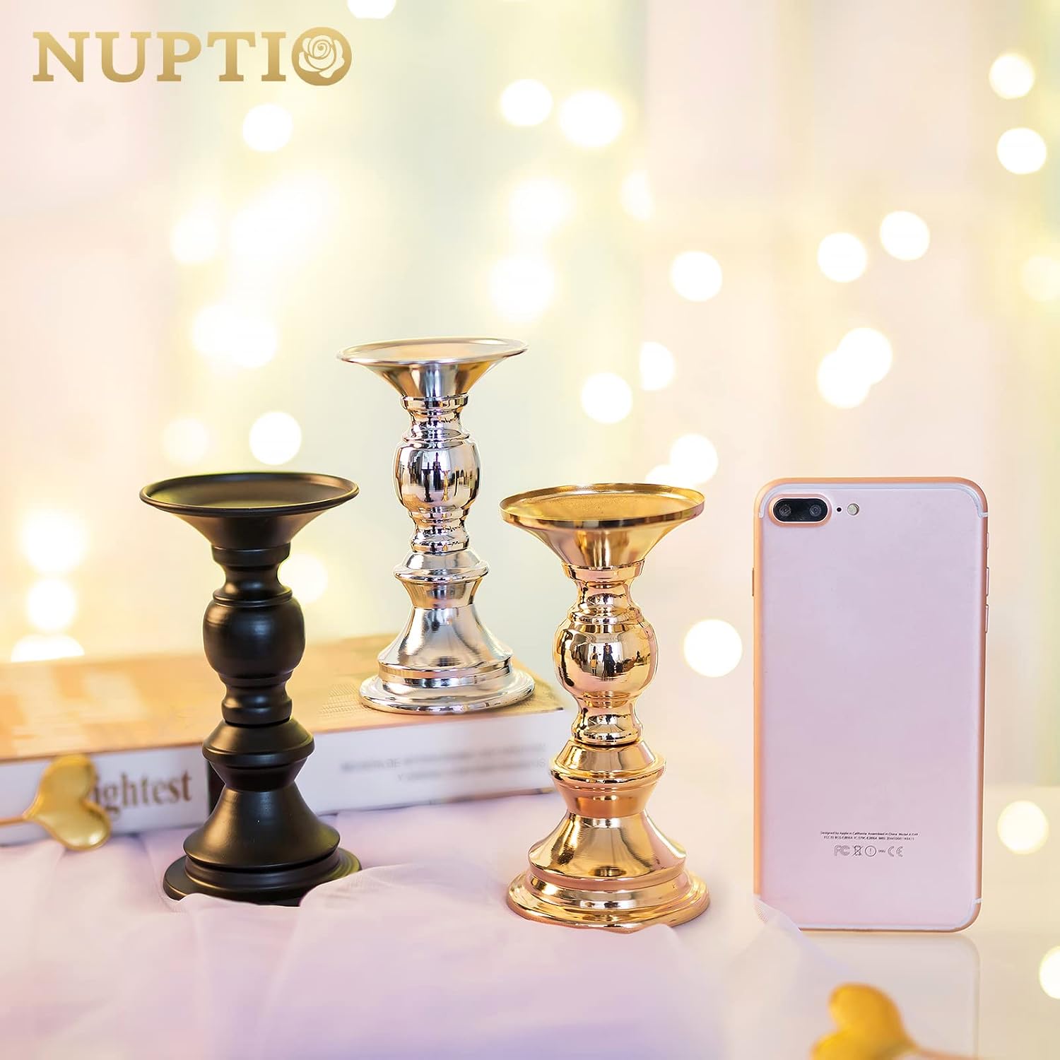 Nuptio 10 Pcs Black Candle Holders for Pillar Candles, Metal Candle Holder for 50mm Candles, Pillar Candle Holder Centerpieces for Wedding Anniversary Housewarming Christmas Party Tables