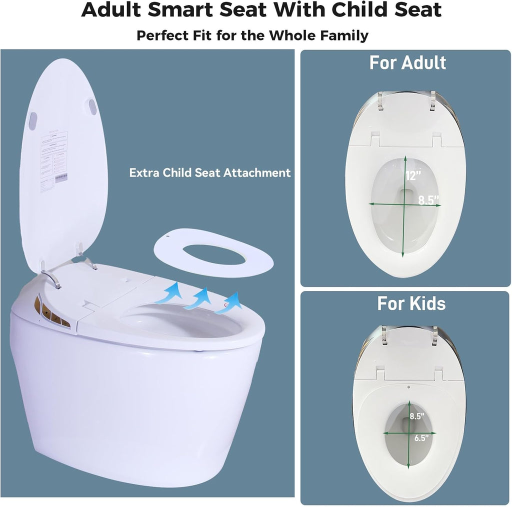 WinZo Luxury Smart Toilet With Bidet Seat, Elongated Egg Shaped Modern Design, Auto Open Auto Flush, Adjusted Heated Seat, Warm Water and Dryer, Night Light, Side Buttons, Glossy White