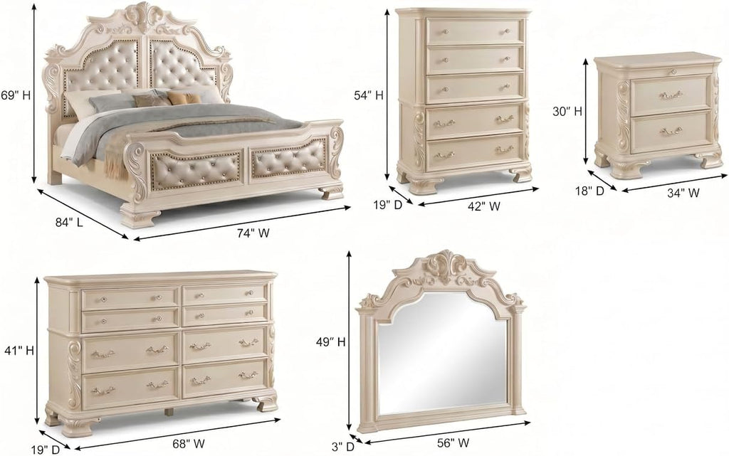 First of a Kind Victoria Off White Traditional 5 Piece Queen Bedroom Set with Upholstered Tufted Headboard Elegant European Inspired Design Coordinated Furniture Collection