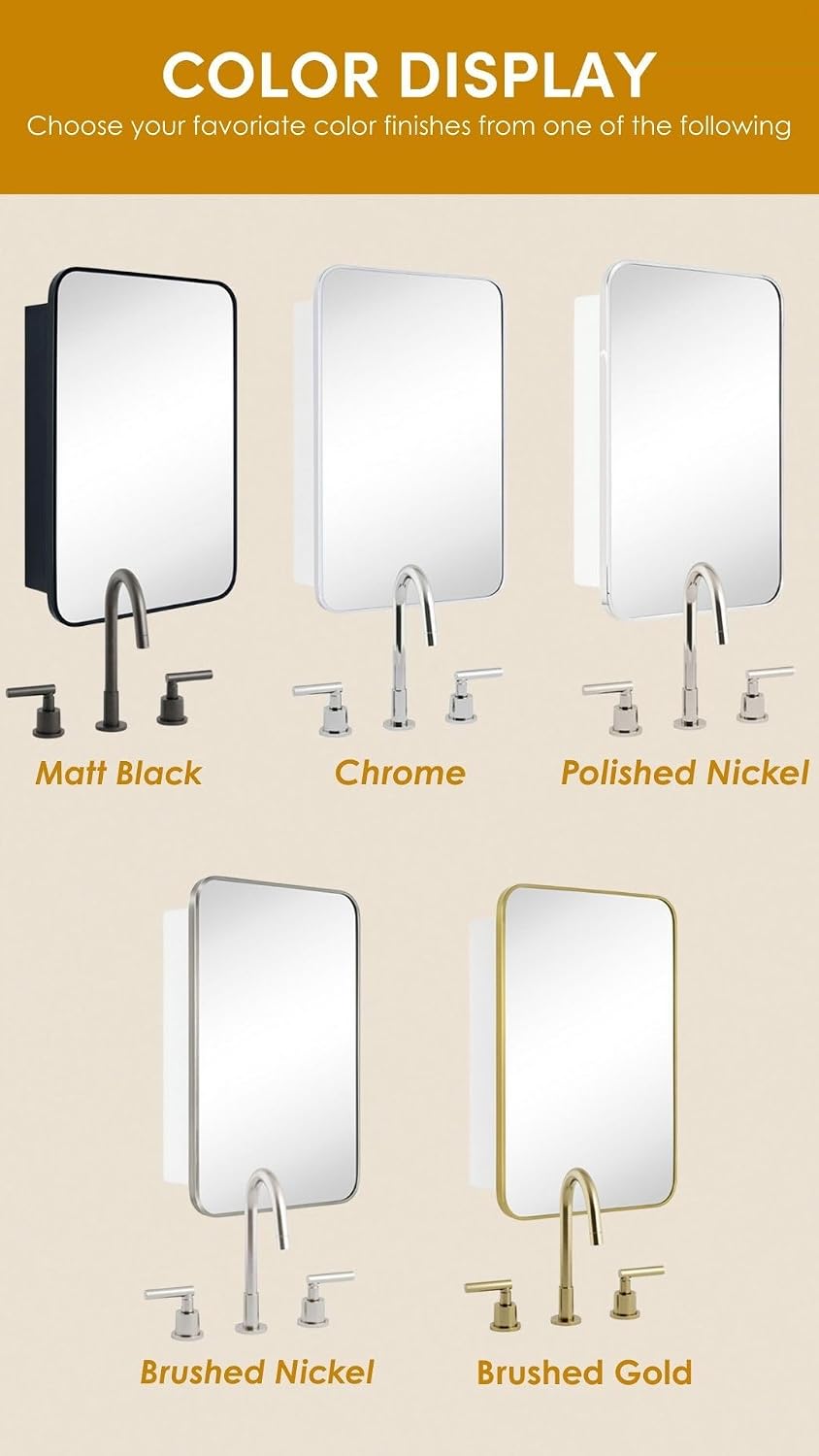 GRACTO 16.5x24 Black Recessed and Surface Mount Bathroom Medicine Cabinet with Mirror Matt Black Metal Framed Rounded Rectangle Medicine Cabinet