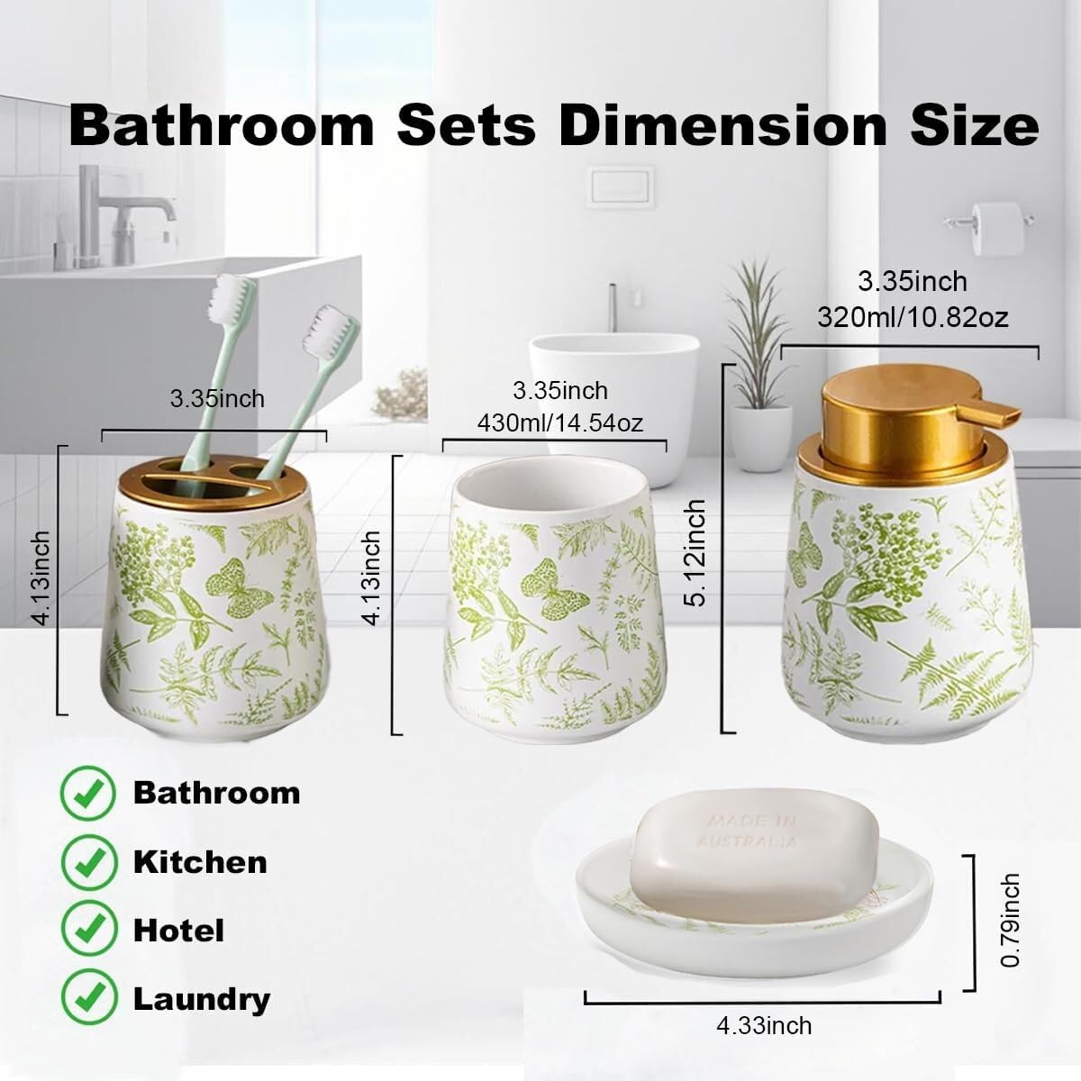 Bathroom Accessories Set Ceramic Bathroom Accessory Set Plant Patterns Accessories with Soap Dispenser Dish Tumbler for Home Decor Victorian(4 Piece Set-Greenery)