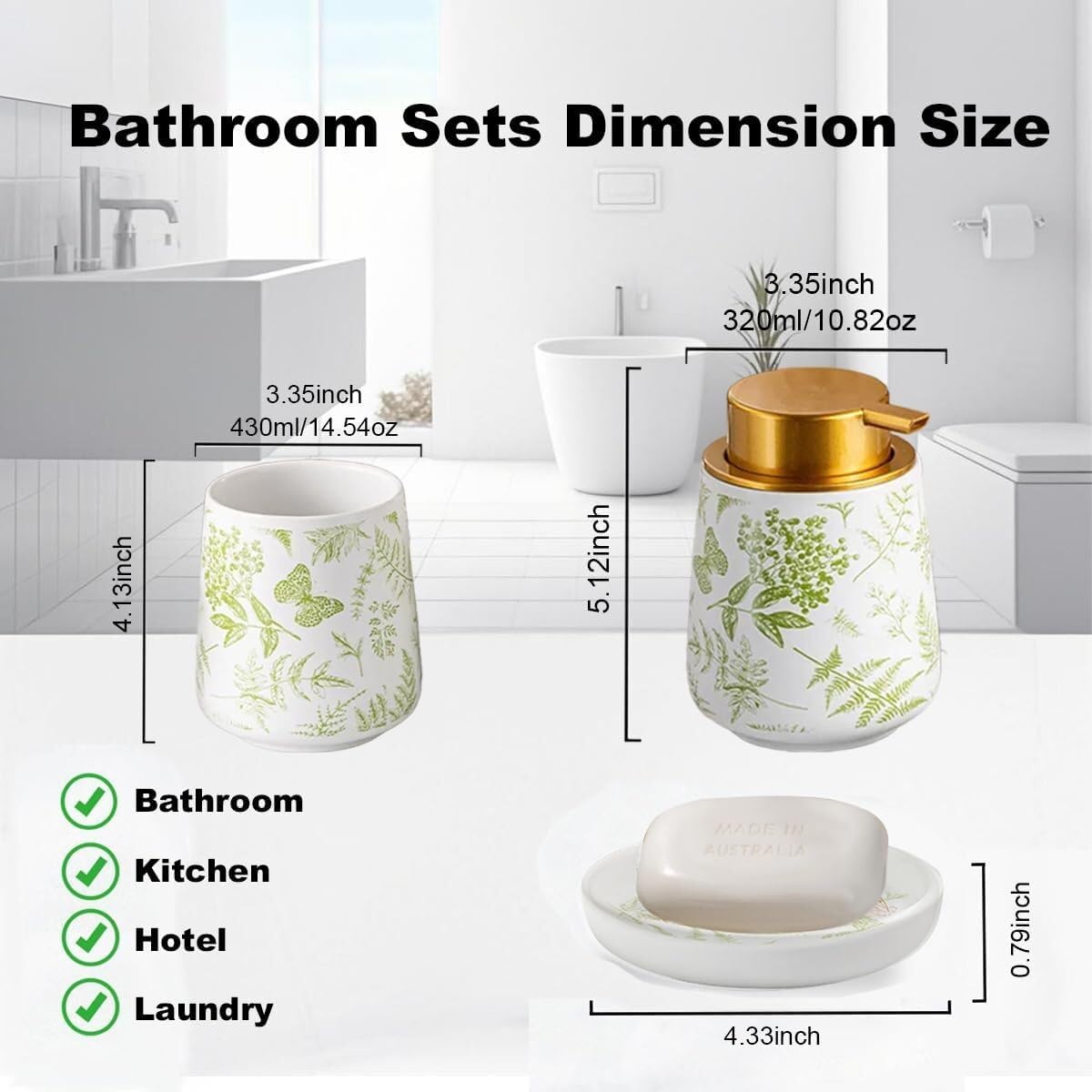 Bathroom Accessories Set Ceramic Bathroom Accessory Set Plant Patterns Accessories with Soap Dispenser Dish Tumbler for Home Decor Victorian(3 Piece Set-Greenery)