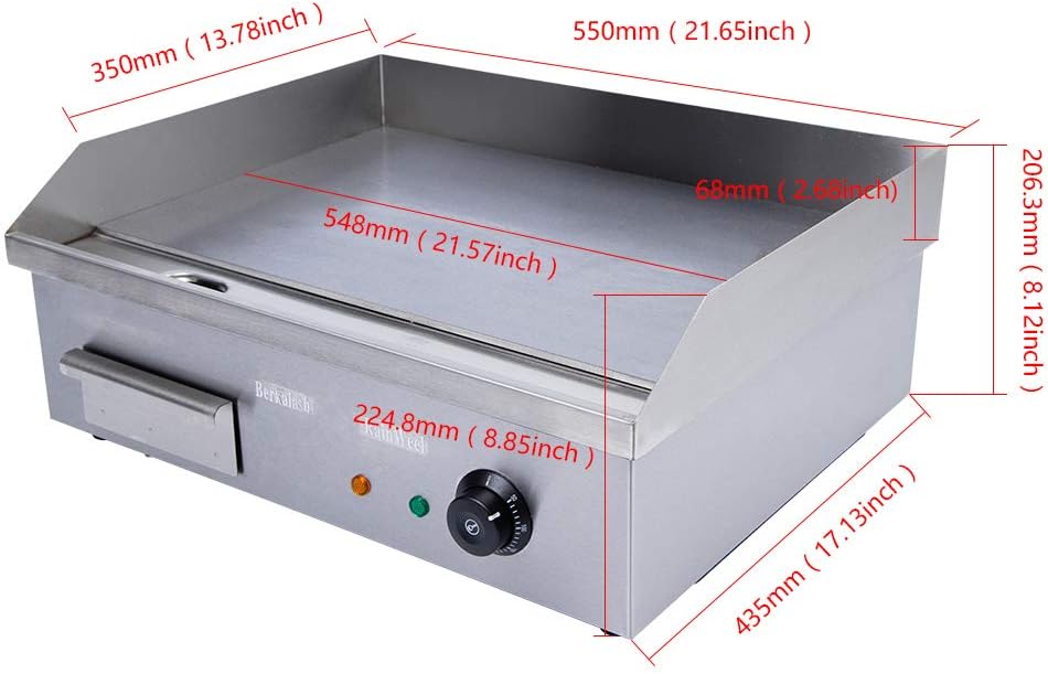 Commercial Flat Top Griddle, 3000W Electric Teppanyaki Griddle Nonstick Stainless Steel Countertop Grill with Adjustable Thermostatic Control 122°F-572°F 21.6'x13.8'(NO PLUG)