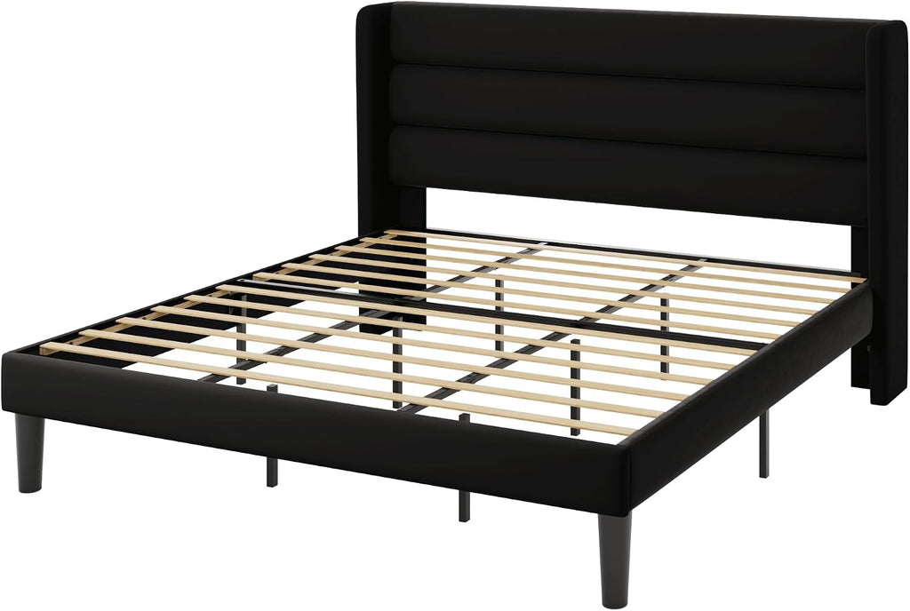 Allewie King Size Platform Bed Frame with Velvet Upholstered Wingback Headboard, No Box Spring Needed, Under Bed Storage Space, Strong Wooden Slats, Modern Mattress Foundation, Easy Assembly, Black