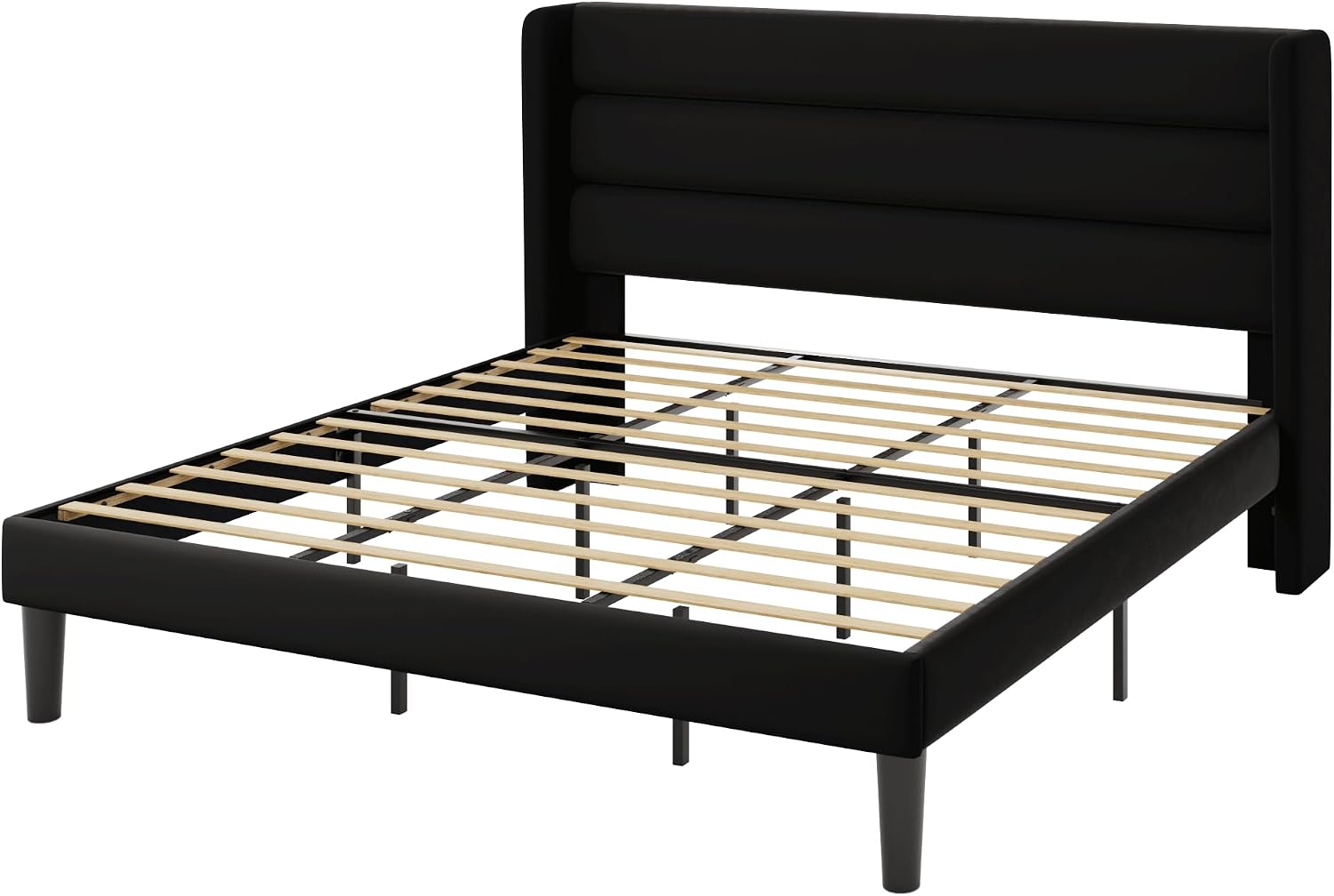 Allewie King Size Platform Bed Frame with Velvet Upholstered Wingback Headboard, No Box Spring Needed, Under Bed Storage Space, Strong Wooden Slats, Modern Mattress Foundation, Easy Assembly, Black