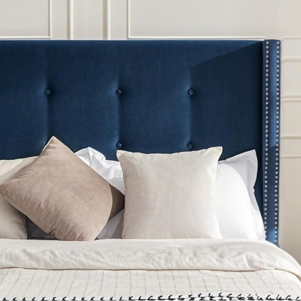 King Size Bed Frame,54'High Headboard Button Tufted Nailhead Trimmed Backrest Headboard,Velvet Metal Upholstered Platform Bed Frame,Wooden Slats Provide Strong Support,No Springs Required,Blue