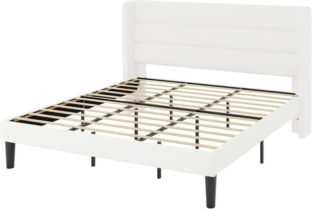 Allewie King Size Platform Bed Frame with Velvet Upholstered Wingback Headboard, No Box Spring Needed, Under Bed Storage Space, Strong Wooden Slats, Modern Mattress Foundation, Easy Assembly, White