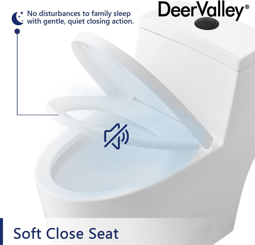 DeerValley Elongated One-Piece Toilet with Standard Height 1.1/1.6 Dual Flush Toilets with Soft Closing Seat and Black Button