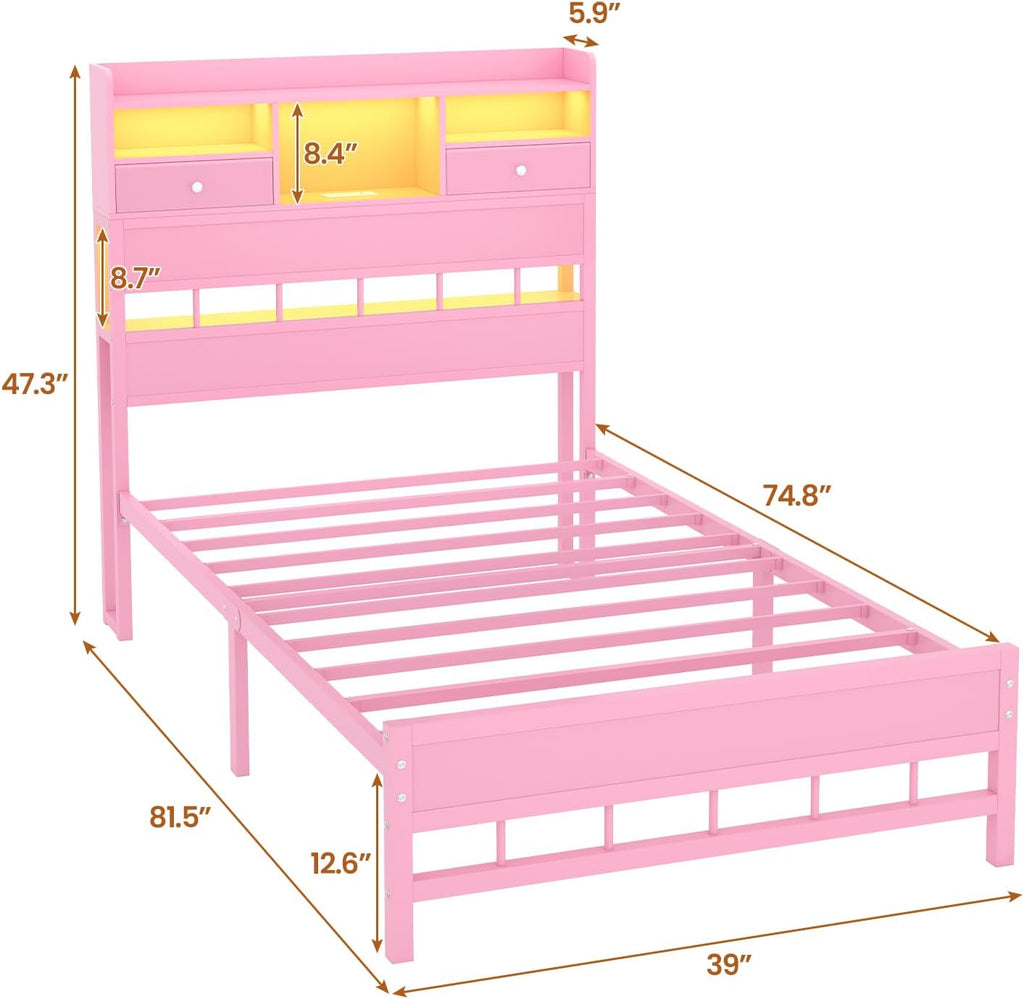 BTHFST Twin Bed Frame with Storage Headboard & Charging Station, LED Bed Frame Twin with 5 Shelves & Under Bed Storage, Platform Bed Frames for Kids, No Box Spring Needed, Pink