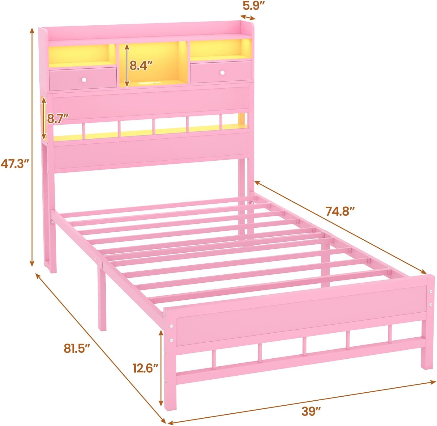BTHFST Twin Bed Frame with Storage Headboard & Charging Station, LED Bed Frame Twin with 5 Shelves & Under Bed Storage, Platform Bed Frames for Kids, No Box Spring Needed, Pink