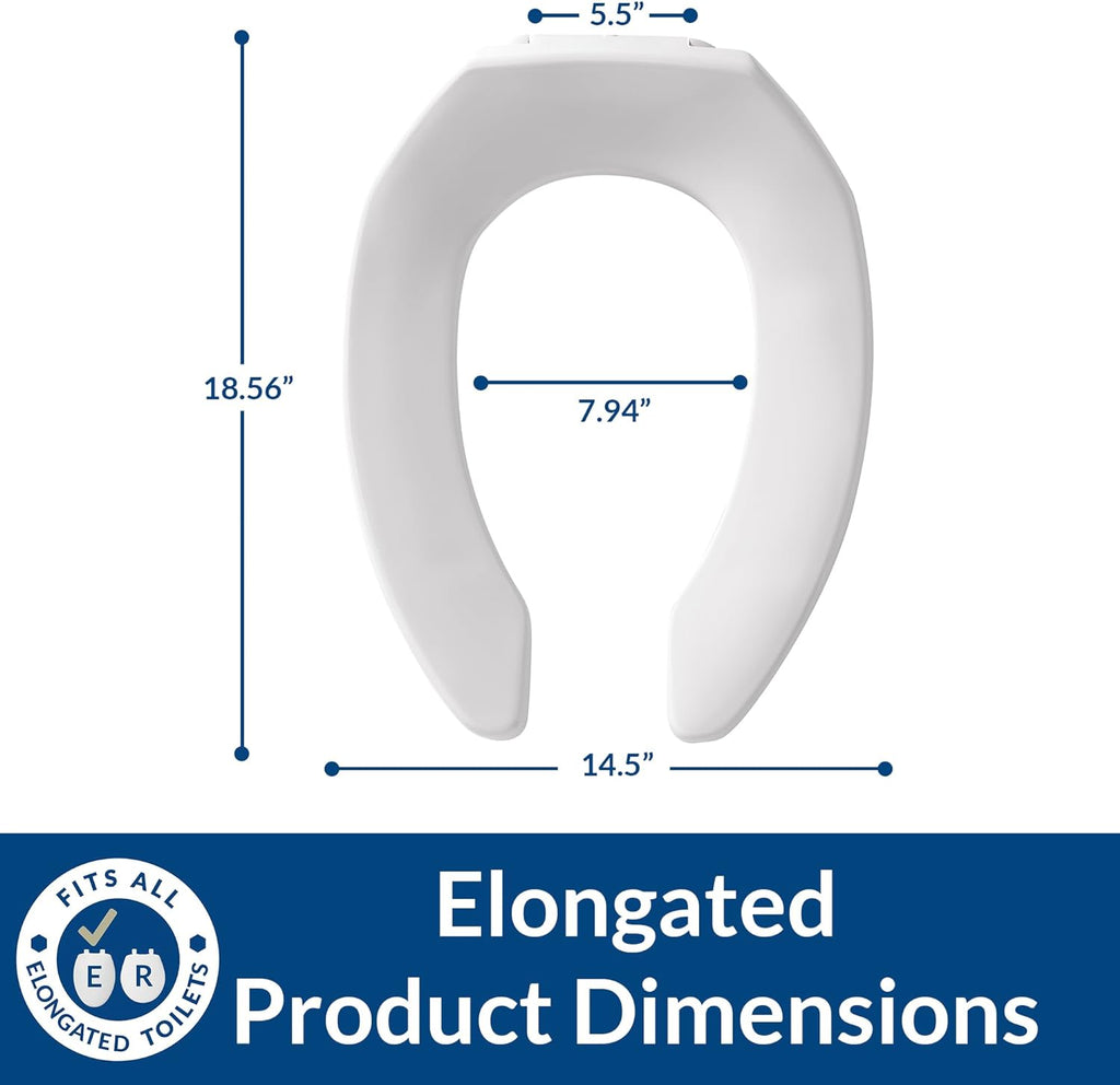 Bemis 6 Pack Commercial Open Front Plastic Toilet Seat, Heavy Duty Industrial Seat Without Lid, Secure Installation for Long Lasting Use, Made in USA, Elongated, White, 1955CT