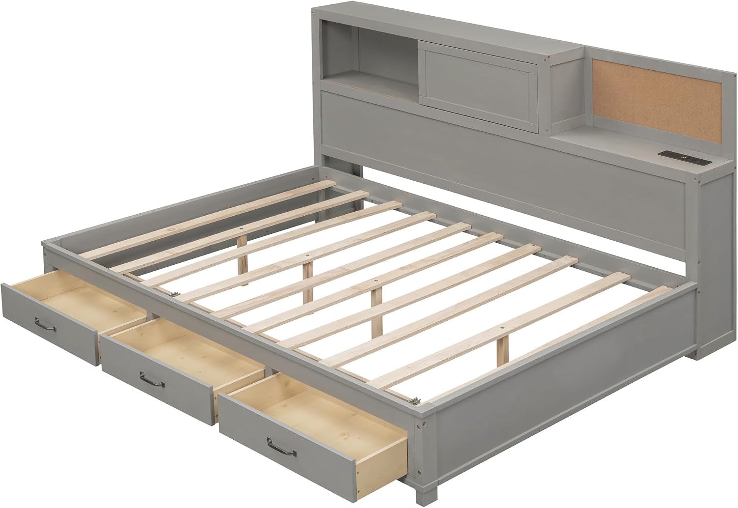 Merax Full Size Daybed with 3 Storage Drawers,Headboard with Shelf,A Set of Sockets and USB Ports,Grey