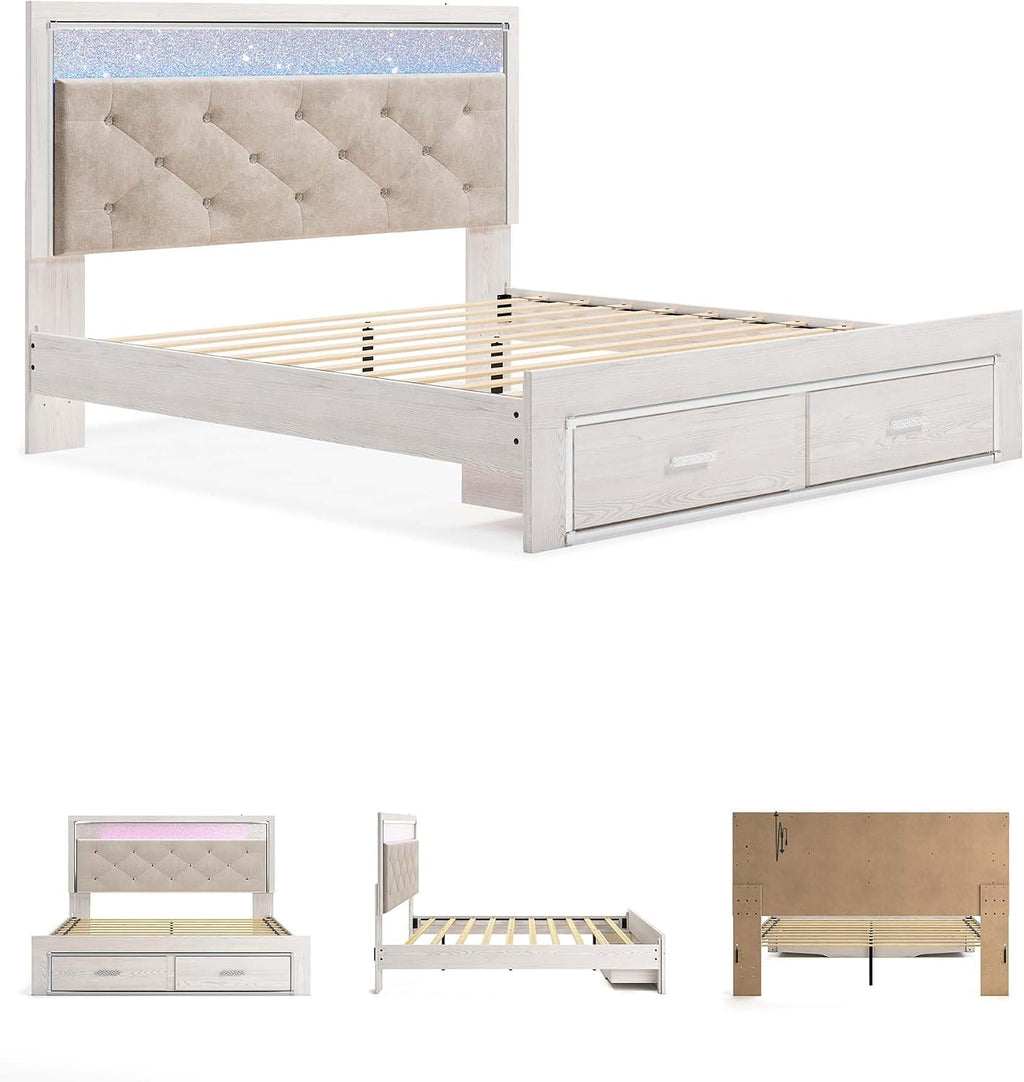 Signature Design by Ashley Altyra Contemporary Adjustable Tufted King Upholstered Storage Platform Bed with LED Lights and 2 Drawers, Foundation or Box Spring Not Needed, White & Gray