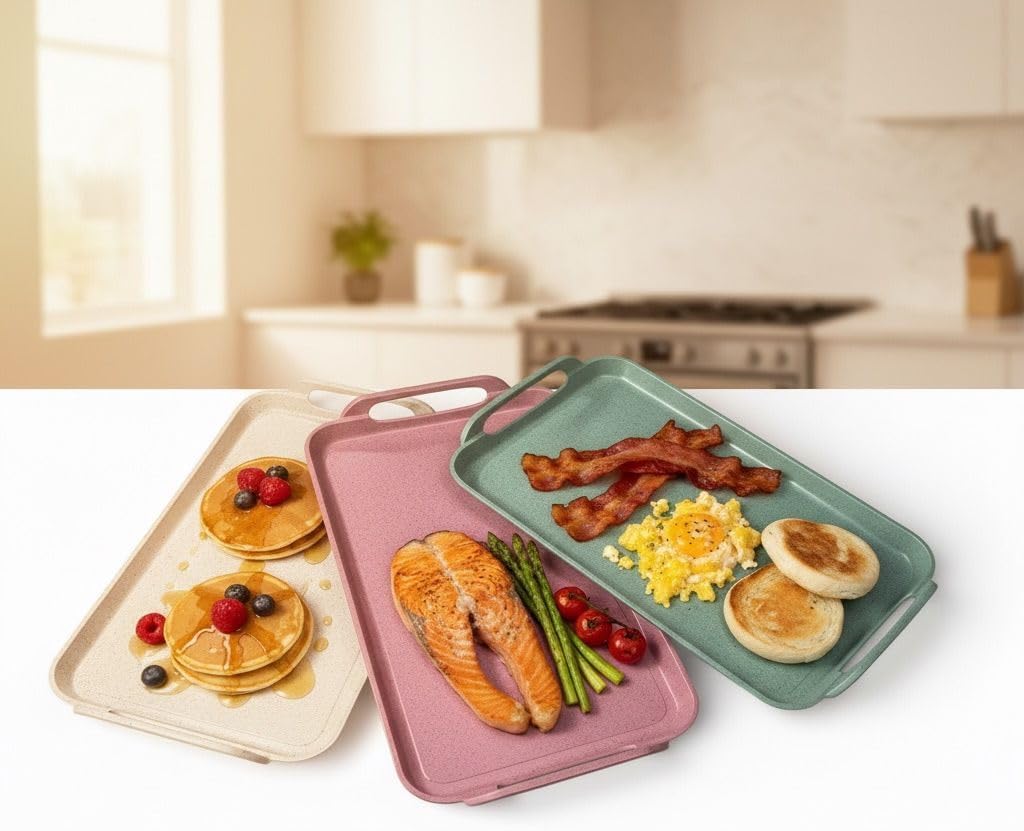 19' Induction Double Griddle - 8-Layer Nonstick Marble Smooth Grill Pan for All Stovetops - Cast Aluminum Comal for Pancakes & Tortillas - Includes Free Handles