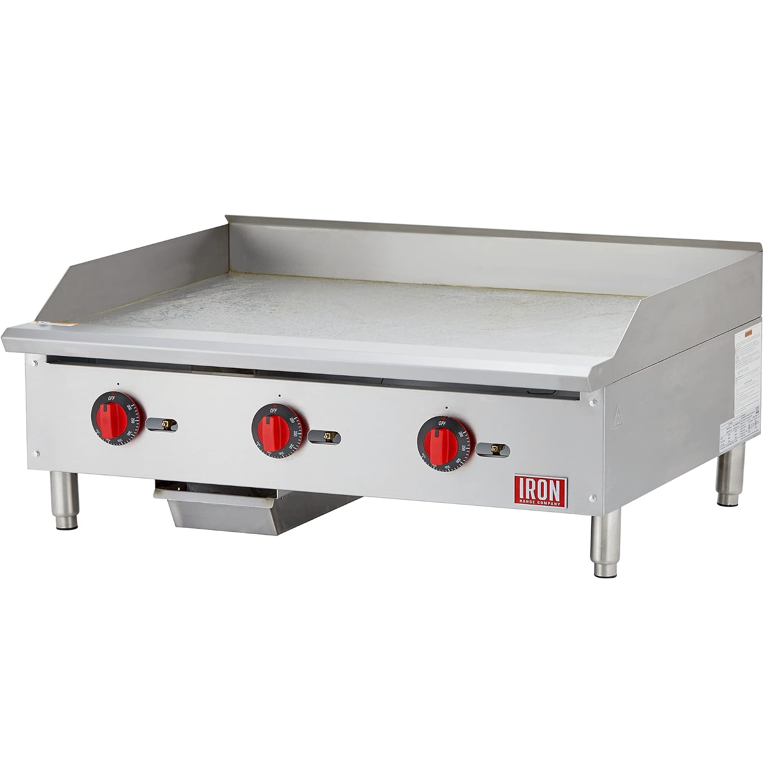Iron Range IRTG-36 36' x 21' Countertop Commercial Gas Griddle, 3 Burners, 90,000 BTU, Thermostatic Control, Stainless Steel, ETL Listed, LPG Conversion Kit, Easy-to-Clean Grease Tray