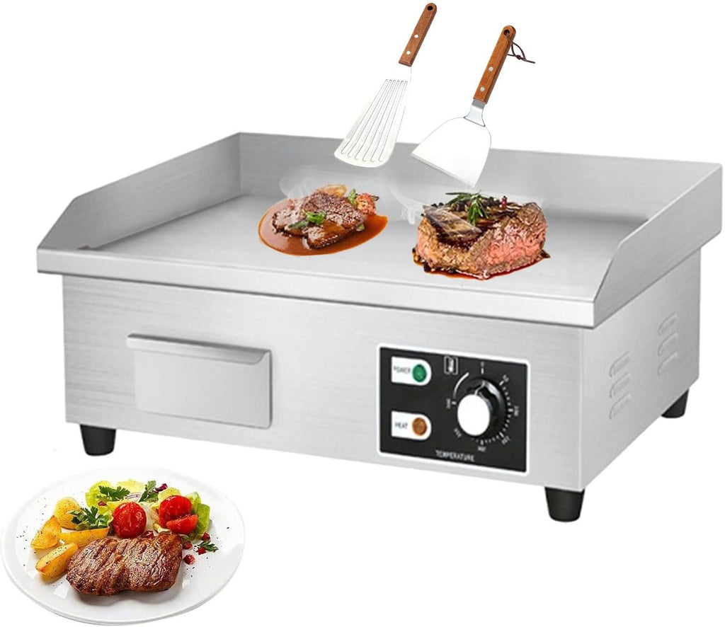 Commercial Electric Griddle 1500W/2500W/3000W, Stainless Steel Electric Teppanyaki Grill with Raised Baffle and Radiating Hole, Burger Bacon Grill Plate for Cam，2500W