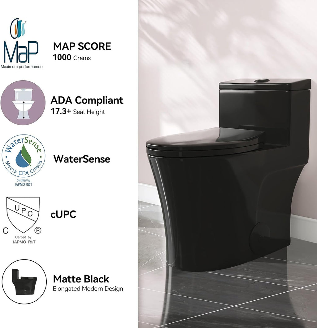 HOROW T0338WB Elongated One Piece Toilet Black, Compact Modern Toilet with Comfortable Seat Height, ADA Chair Height 17.3', Power Dual Flush 0.8/1.28 GPF, Matte Black, 12' Rough-in