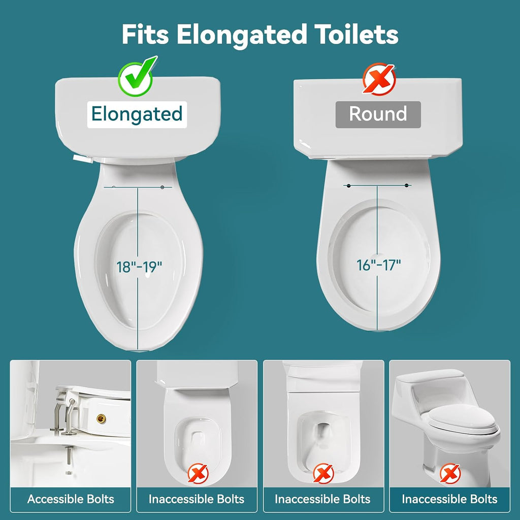Clirass 3' Raised Toilet Seat with Bidet - Non-Electric Bidet with Dual Nozzles - Elevated Toilet Risers for Seniors & Limited Mobility - Easy Install & Clean (Elongated)