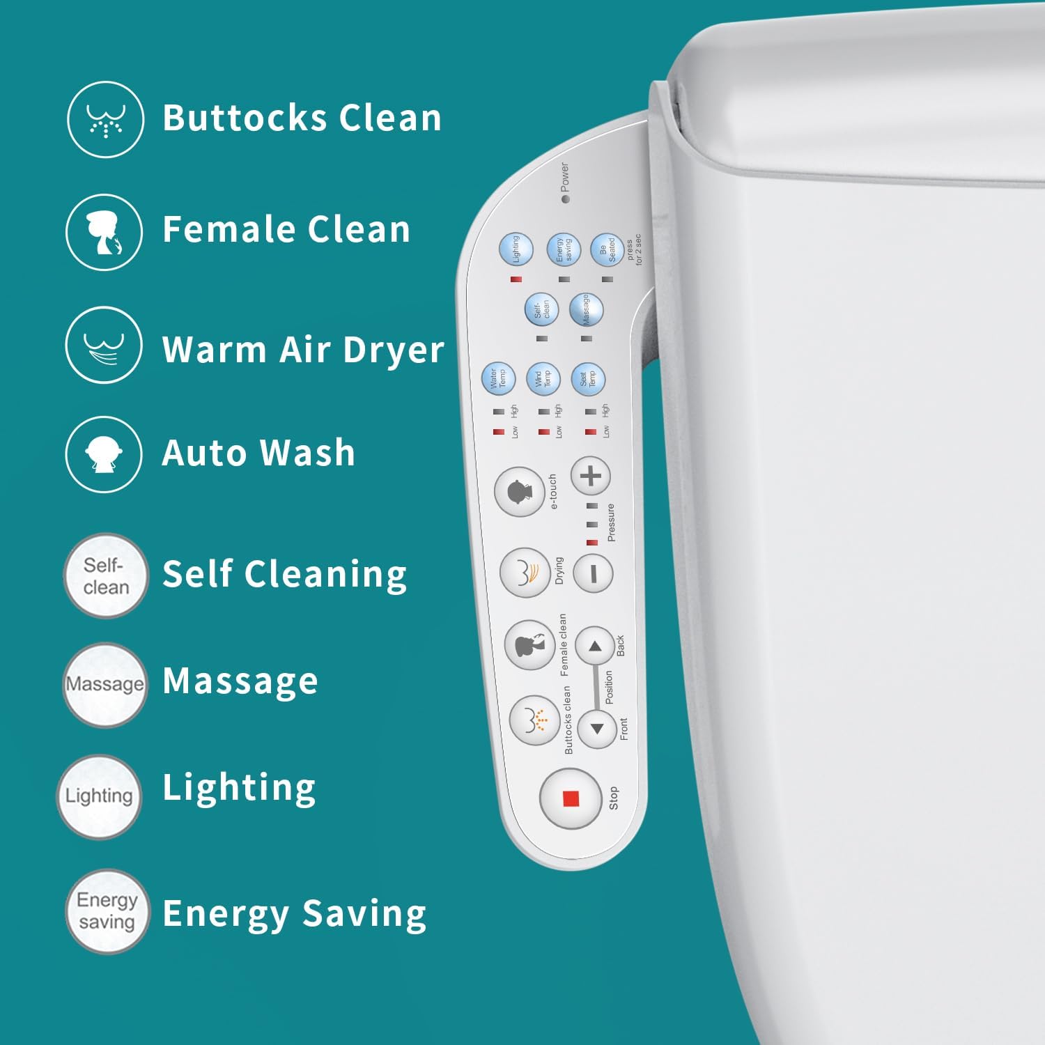 KERDE 08 Smart Electric Bidet Toilet Seat with Warm Air Dryer Heated Adjustable Warm Water Seat Temperature Self-Cleaning Nozzle Easy Installation for Most Toilets Elongated (Armrest-Control Model)