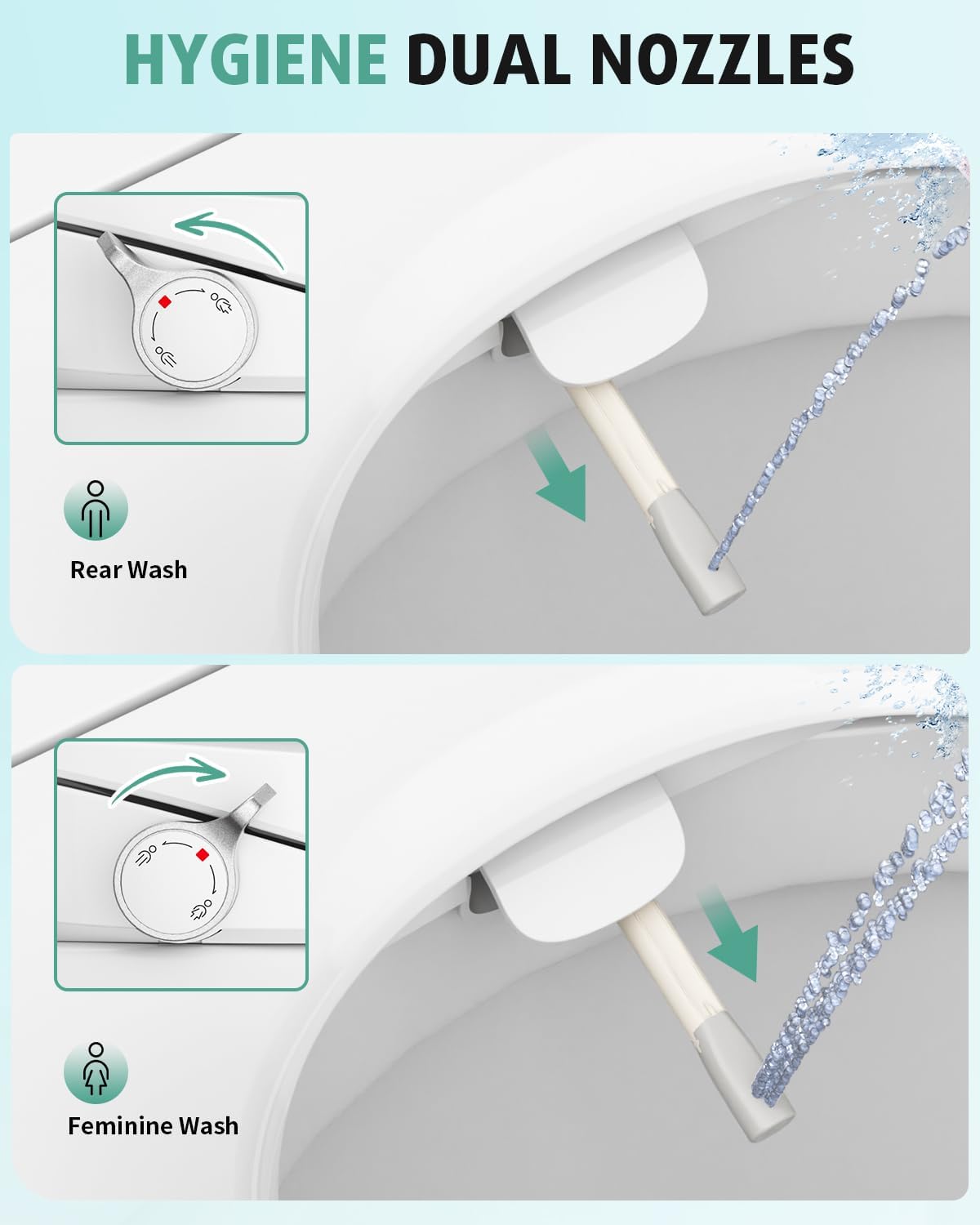 SR SUN RISE Non-Electric Bidet Toilet Seat with Dual Nozzles for Feminine & Rear Wash, Adjustable Pressure, Ambient Water Temperature, Self-Cleaning Nozzles, Easy Installation for Elongated Toilets