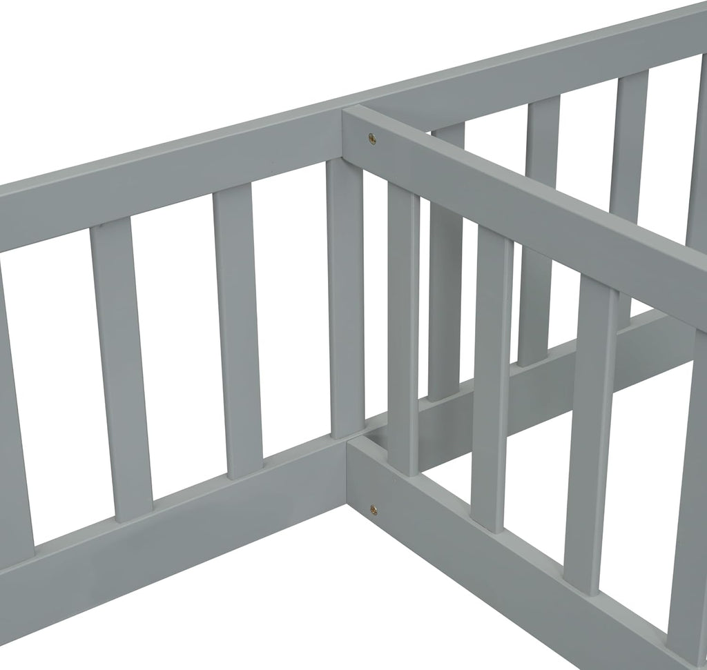 Double Floor Bed for Twins,Two Shared Beds,Twin Size Floor Bed for 2 Kids,Double Twin Bed with Guardrails for Girls,Boys,Gray