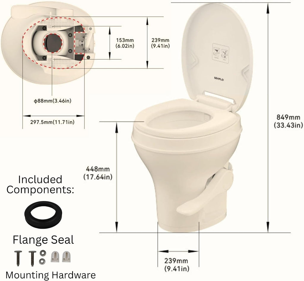 SEAFLO Residential Height Bone Camper/RV Toilet with Sprayer Attachment, 18.5' Standard Height, Gravity Flush System, Pedal Operation, Soft Close Seat, 4-Year Warranty (Bone W/Sprayer Attachment)