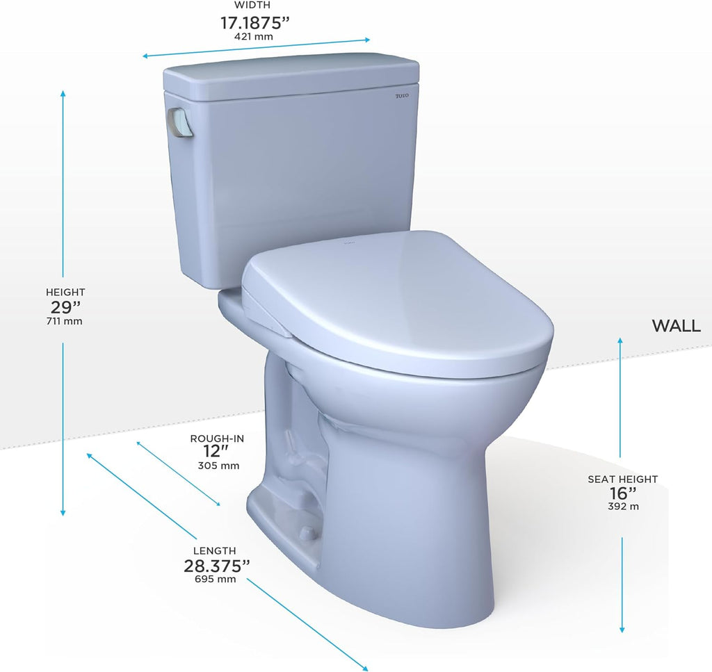 TOTO® Drake® WASHLET®+ Two-Piece Elongated 1.28 GPF TORNADO FLUSH® Toilet and S7 Contemporary Bidet Seat with Auto Flush, Cotton White - MW7764726CEGA#01