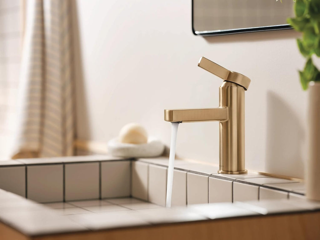 Moen Beric Bronzed Gold Modern One-Handle Single Hole Bathroom Faucet with Drain Assembly and Optional Deckplate for Your Bath Sink, 84774BZG