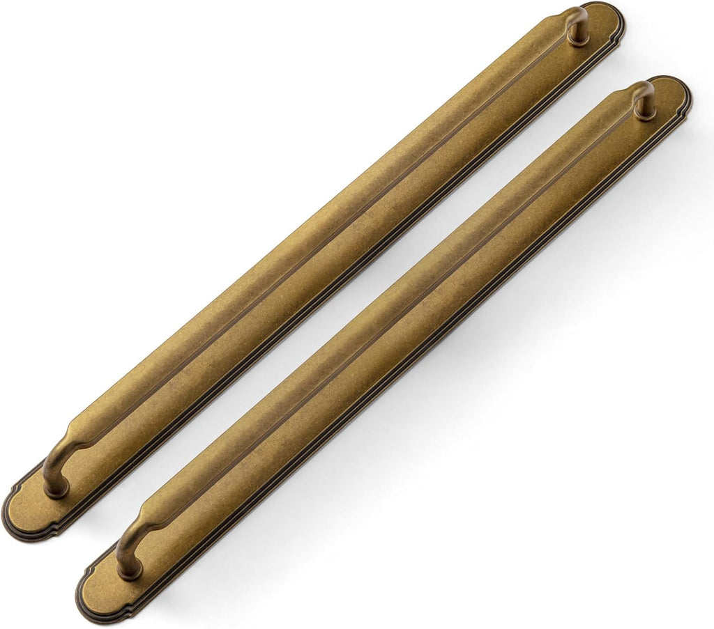 Goo-Ki 6 Pack Cabinet Pulls with Base Plate/Backplate Antique Brass,12-3/5 Inch Hole Center Retro Brass Vintage Zinc Alloy Kitchen Drawer Pulls Handles with Spacer
