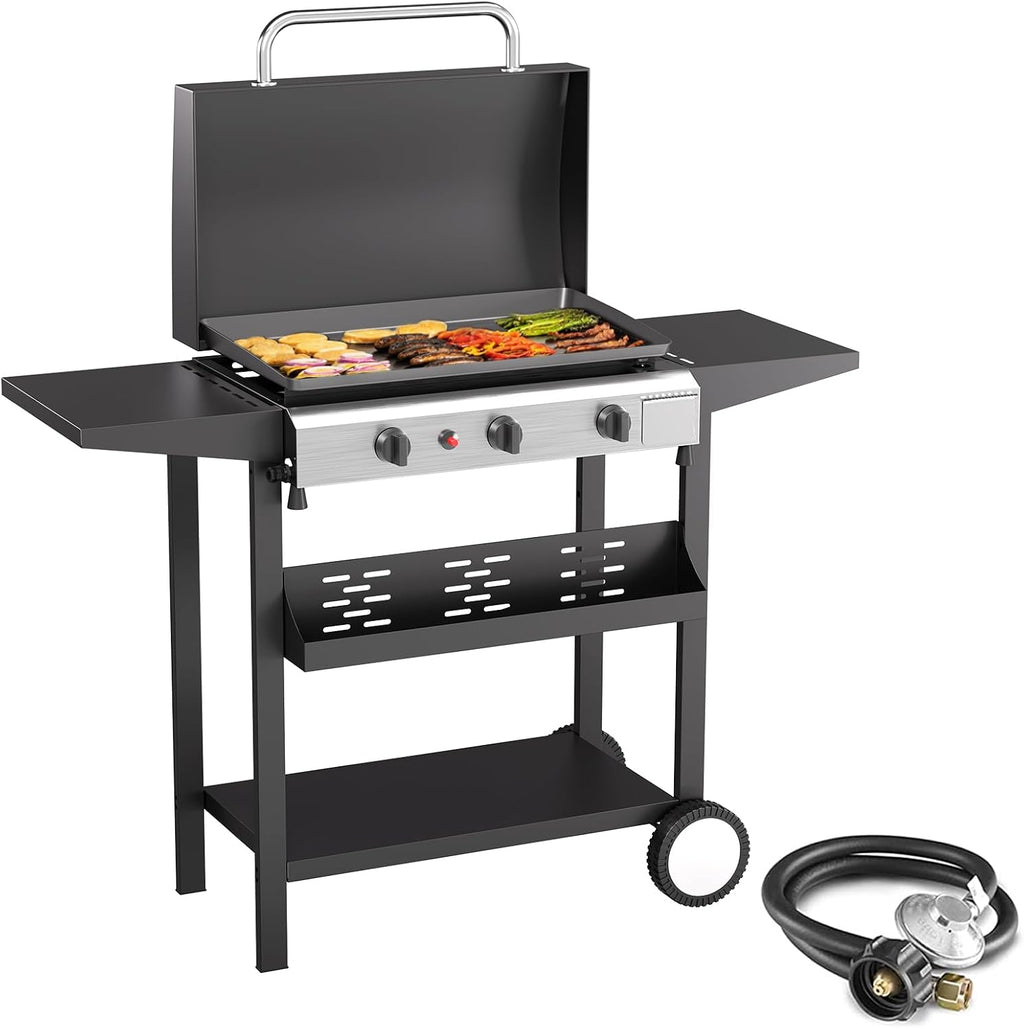 SKOK 3 Burners Outdoor Gas Griddle with Hood, Portable Flat Top Gas Grill-Table Top Propane Griddle Station with Side Shelves