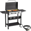 SKOK 3 Burners Outdoor Gas Griddle with Hood, Portable Flat Top Gas Grill-Table Top Propane Griddle Station with Side Shelves