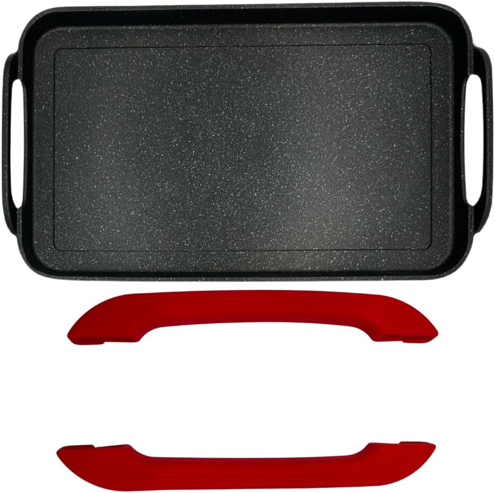 Marble Nonstick Double Griddle for all Stove Tops, 19 x 11.5, Cast Aluminum, Flat Surface - Red Handles