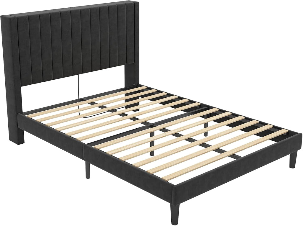 VanAcc Queen Size Bed Frame, Velvet Upholstered Platform Bed with Channel Tufted Headboard, Mattress Foundation with Wood Slats, No Box Spring Needed, Noise Free, Black