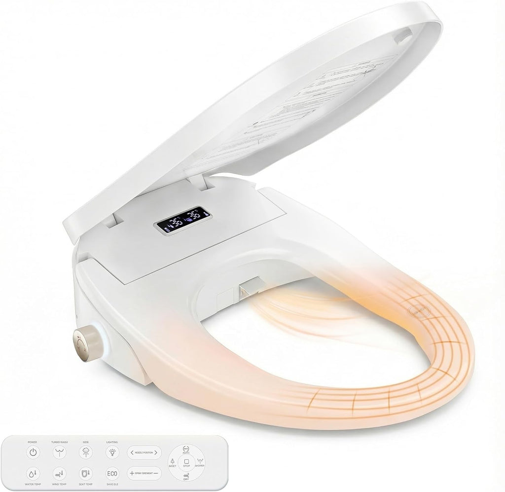 Smart Heated Toilet Seat for Short V-Shaped Toilets – Bidet Warm Water Wash, Self-Cleaning Nozzle, Warm Air Dryer, Deodorizer, Soft-Close Lid, LED Night Light & Remote Control, Easy Install