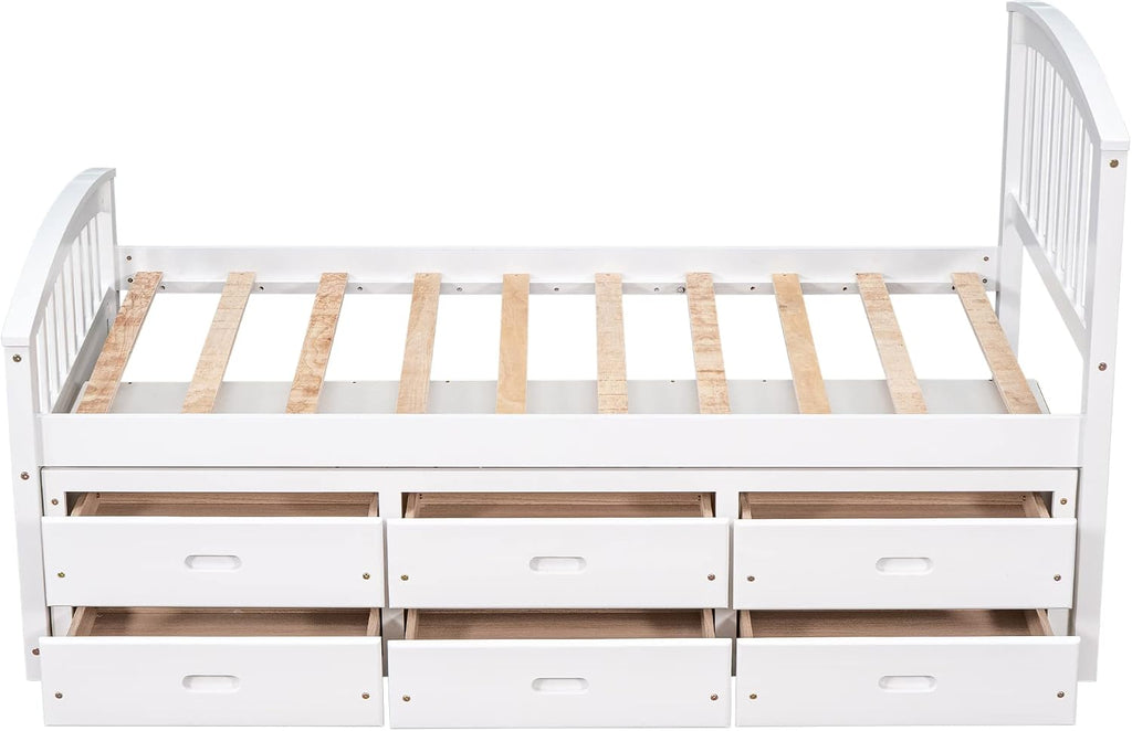 Merax Twin Size Platform Storage Bed Solid Wood Bed with 6 Drawers,White