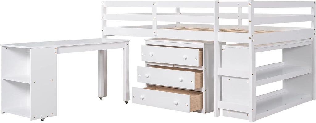 Harper & Bright Designs Full Size Low Loft Bed with Rolling Portable Desk and Storage, Solid Wood Low Loft Bed with Cabinet, Shelves, Multiple Functions Loft Bed Frame for Kids Teens Adults (White)