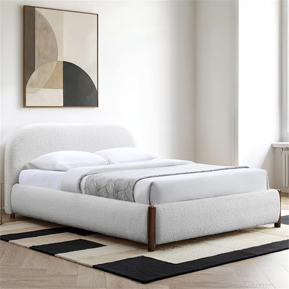 Pemberly Row Upholstered Platform Queen Bed, White Cream Boucle Fabric, Solid Wood Legs, Curved Headboard, Wooden Slat Base, No Box Spring Needed, Modern Bedroom Furniture, 69.5'W x 87.8'D x 38.2'H