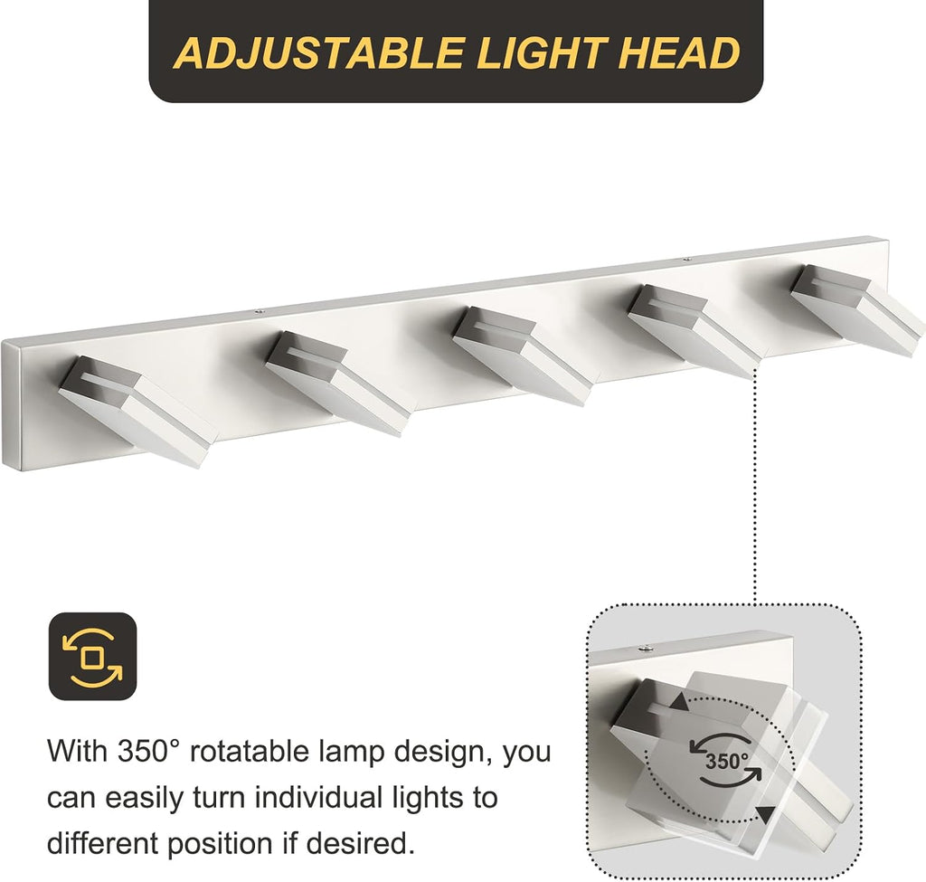 OKELI 5 Light Bathroom Vanity Light Brushed Nickel Modern 36W LED Dimmable Vanity Light Over Mirror 350° Adjustable Lamp Head Cold White 6000K ETL Listed 36.2Inch