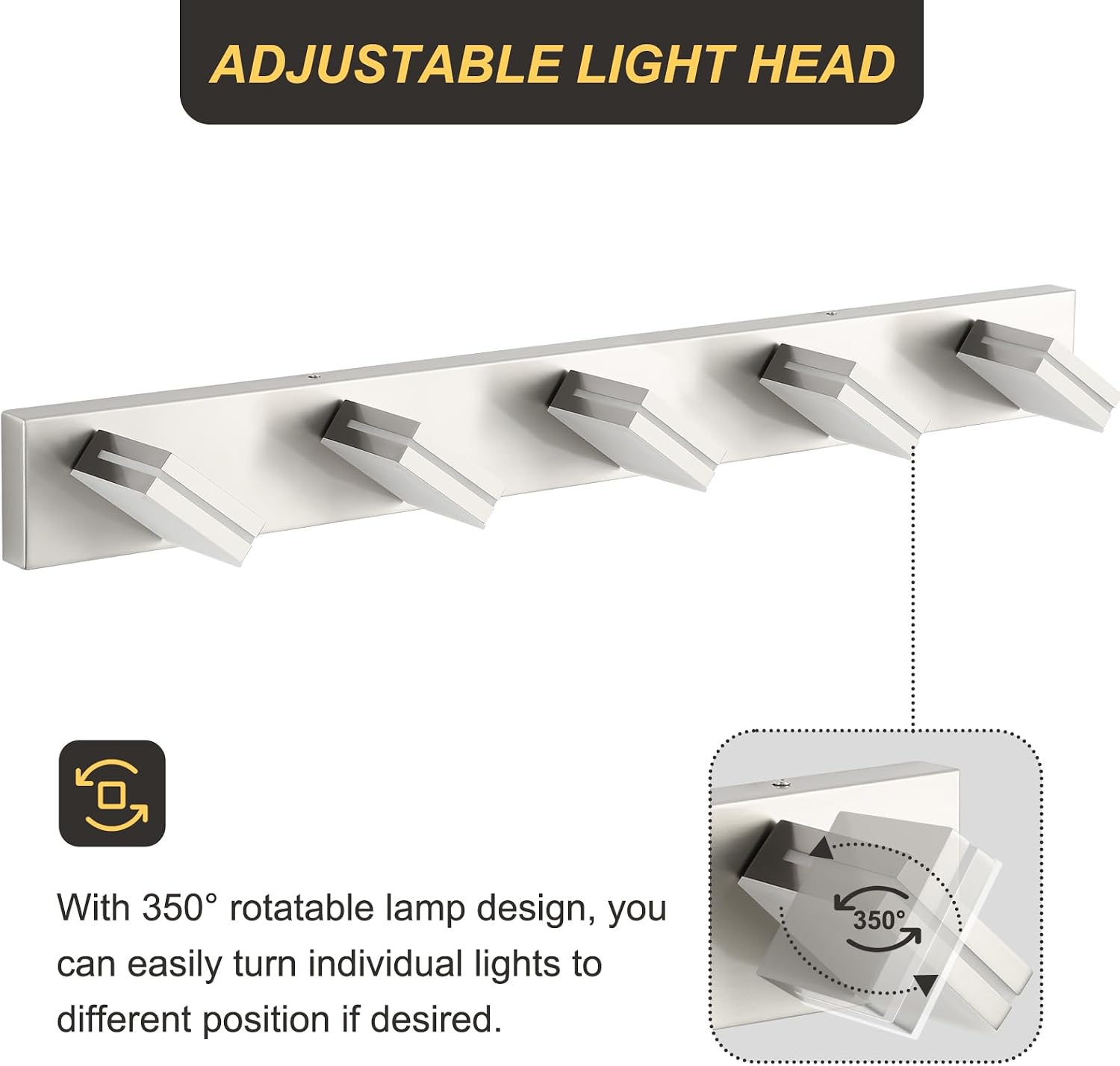 OKELI 5 Light Bathroom Vanity Light Brushed Nickel Modern 36W LED Dimmable Vanity Light Over Mirror 350° Adjustable Lamp Head Cold White 6000K ETL Listed 36.2Inch