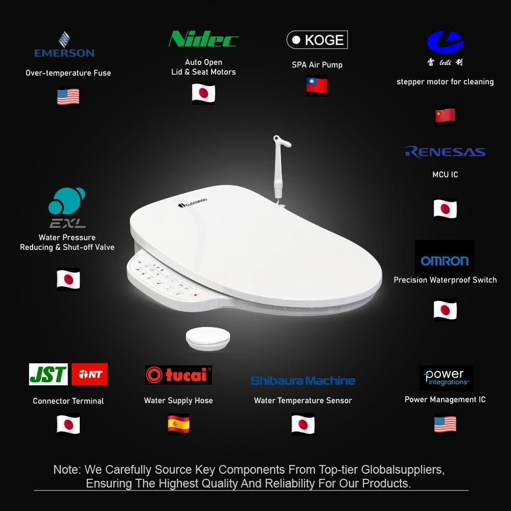 DC01 iCleaningo Electric Bidet Toilet Seat, Side Panel Control, Instant Heating, Warm Water Wash, Heated Seat, Warm Air Dry, Auto Open & Close Lid, 360° Handheld Sprayer, Elongated, Remote