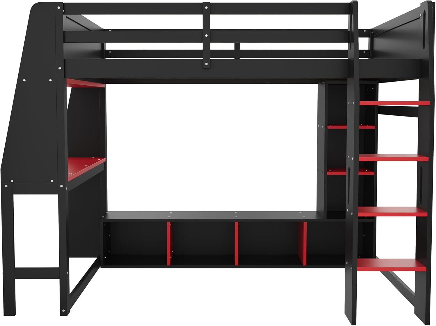 Solid Wood Gaming Loft Bed Full Size with Desk & Shelves & Hanging Rack & LED,Esports Design for PC & Console Gamers,Space Saving Loft Bed Frame with Guardrails & Ladder,No Box Spring Needed,Black