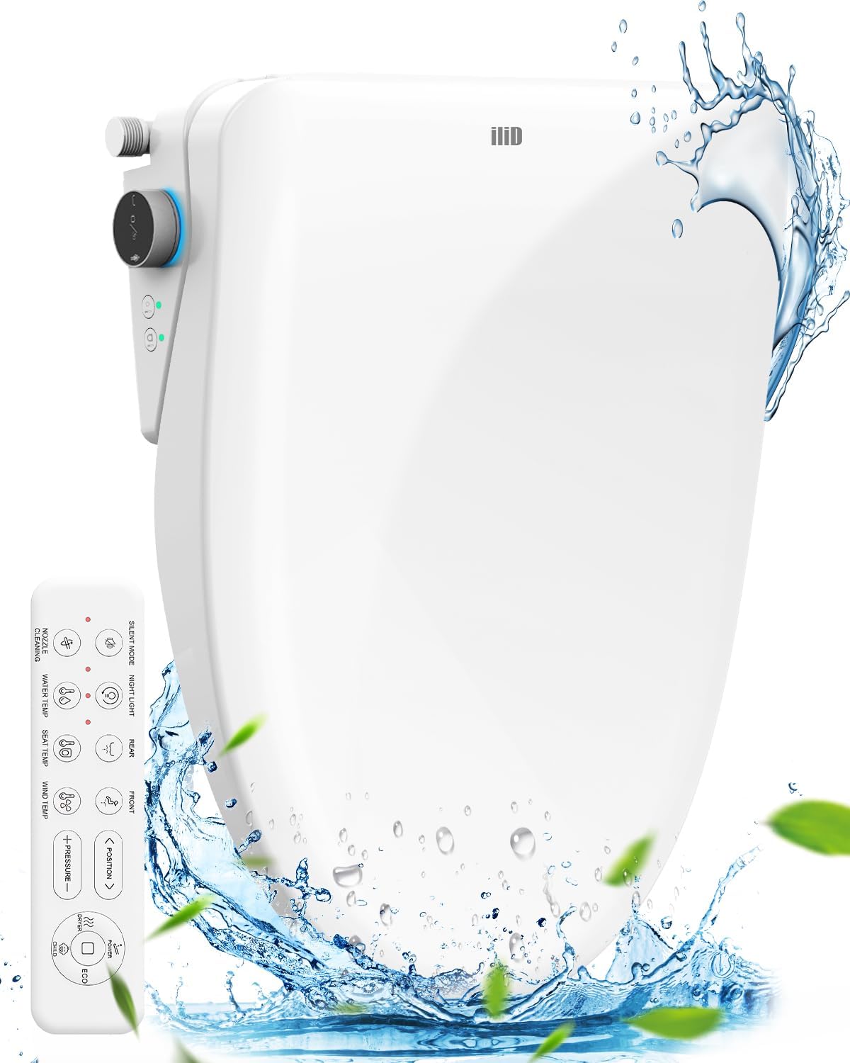 iliD Bidet Seat, Toilet Seat, Electric Elongated Ecoseat with Four Cleaning Modes, Adjustable Angle and Pressure, Remote Control, Slow Close Lid, Easy Installation, 2 Year Warranty