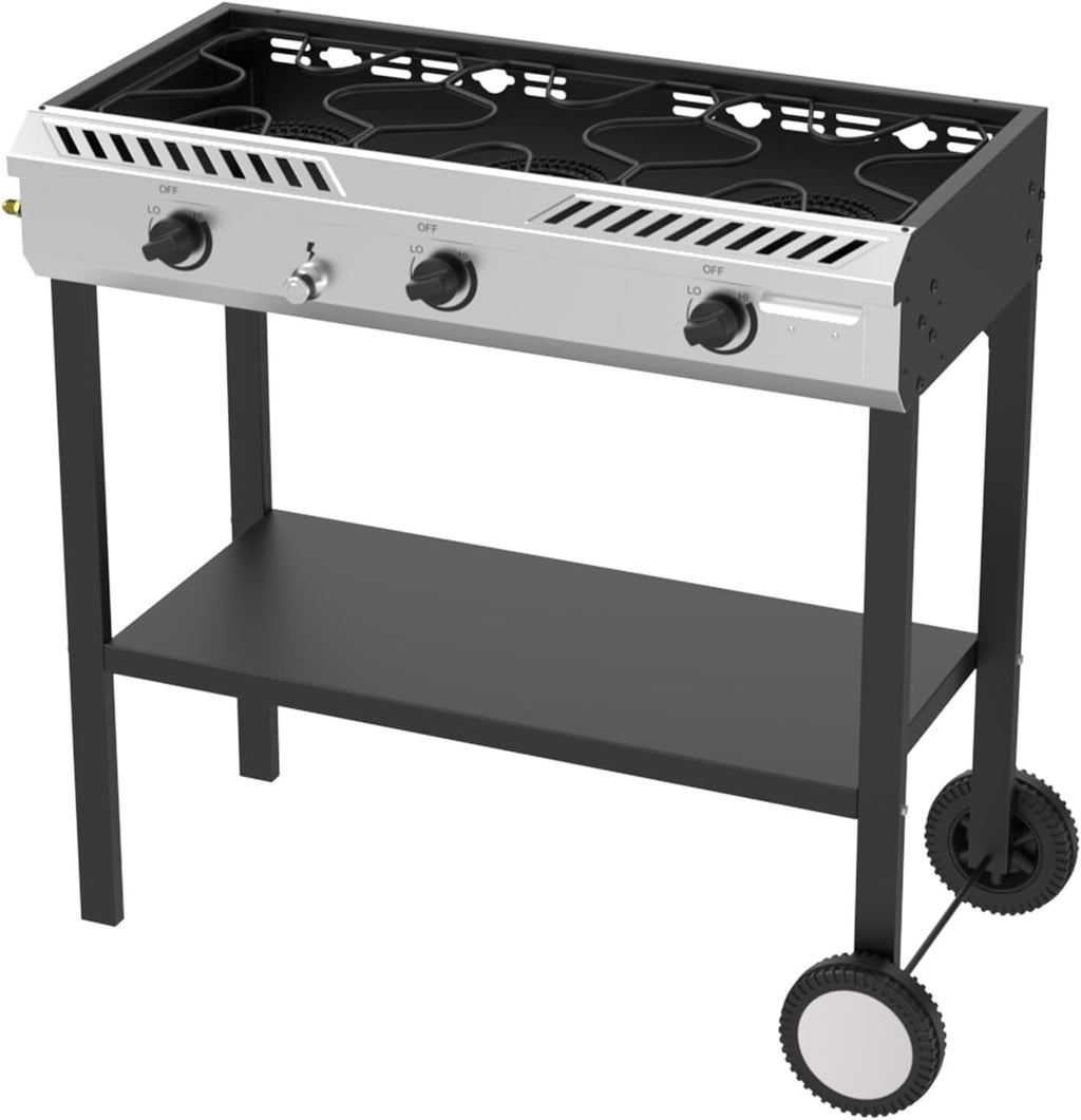 Bonnlo 3 Burner Propane Stove with Inginition, 225000BTU Gas Stove with Storage Shelf and Portable Rolling Wheels, Gas Burner for Outdoor Camping Patio Backyard Cooking Boiling Frying Stewing