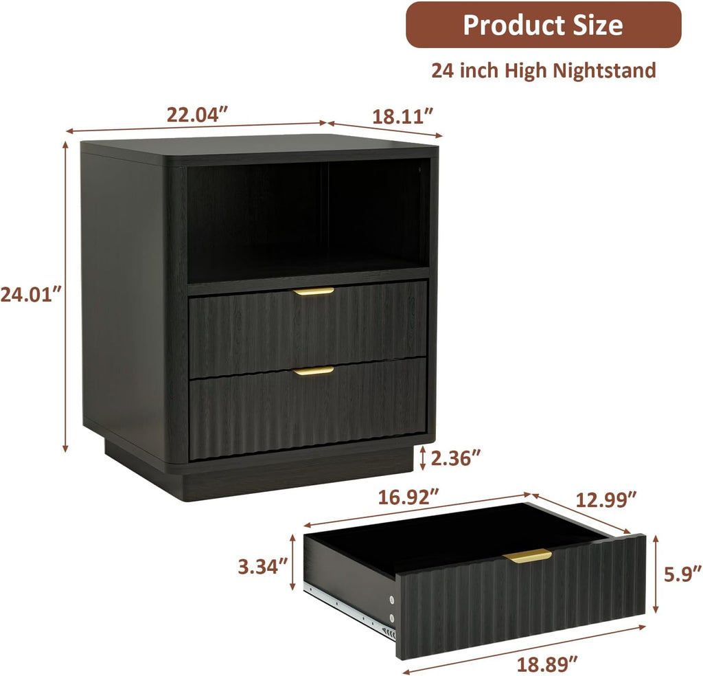 ROCSUMOO Black Nightstands Set of 2, Fluted Nightstands with 2 Drawers and Open Shelves, Large Wooden Night Stands Modern Design Night Stand for Bedroom Sofa Office (2, Black)
