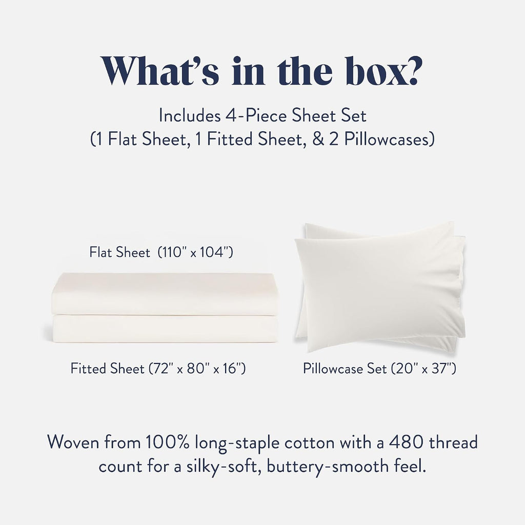 Brooklinen Luxury Sateen 4 Piece Sheet Set - 100% Cotton Bed Sheets, Soft & Durable California King Size Sheets Set in Cream, Oeko-TEX Certified Bedding Set,1 Fitted Sheet,1 Flat Sheet,2 Pillowcases
