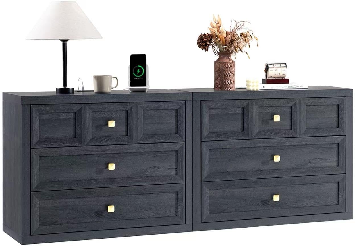 3 Drawers Nightstand Set of 2 W/Charging Station, 30.7' W King Size Bedside Table with 3 Drawers, Accent End Table W/Large Storage, Modern Wood Side Table for Bedroom,Office (2 Pieces, Gray Black)